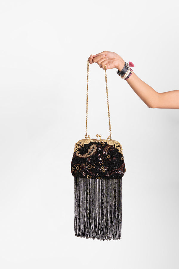 Midnight Beaded Tassel Clutch