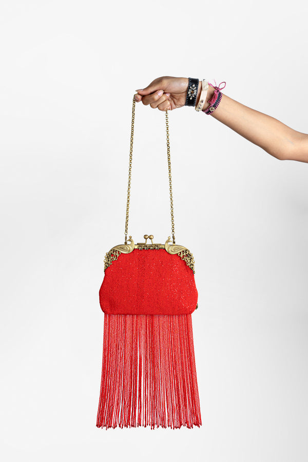 Crimson Cascade Tassel Clutch